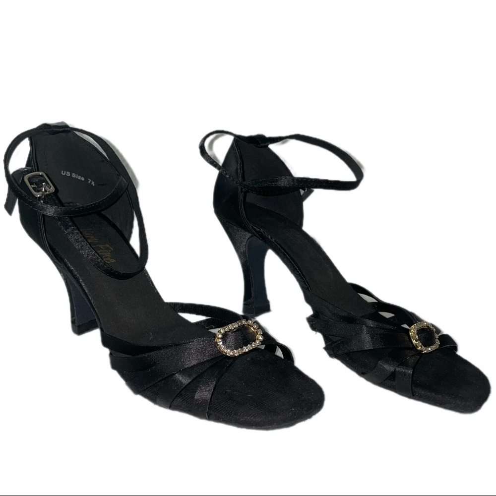 Very Fine Ballroom Salsa Dance Heels - Black Satin with Gold Embellish- Size 7.5